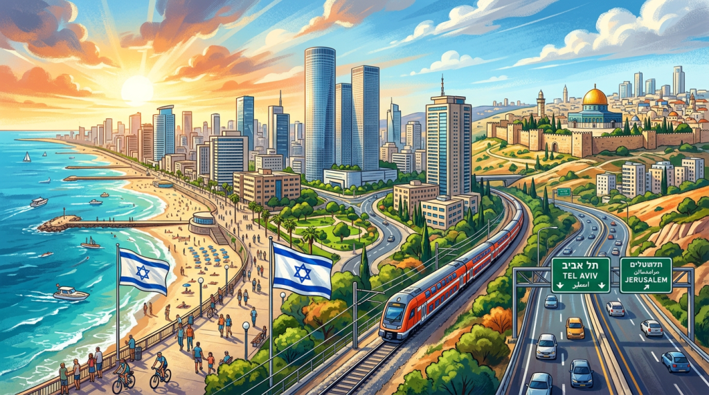 Illustration with Israeli flags and signs reading תל אביב TEL AVIV and ירושלים JERUSALEM