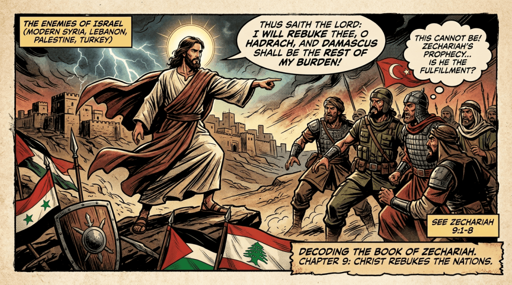 Comic panel text: “THE ENEMIES OF ISRAEL (MODERN SYRIA, LEBANON, PALESTINE, TURKEY)”; Christ says, “THUS SAITH THE LORD: I WILL REBUKE THEE, HADRACH, AND DAMASCUS SHALL BE THE REST OF MY BURDEN!” A soldier thinks, “THIS CANNOT BE! ZECHARIAH’S PROPHECY... IS HE THE FULFILLMENT?” Text also reads, “SEE ZECHARIAH 9:1-8” and “DECODING THE BOOK OF ZECHARIAH. CHAPTER 9: CHRIST REBUKES THE NATIONS.”