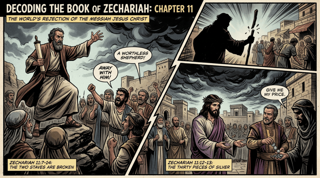 Decoding the Book of Zechariah: Chapter 11. The world's rejection of the Messiah Jesus Christ. A worthless shepherd! Away with him! Zechariah 11:7-14: The two staves are broken. Give me my price. Zechariah 11:12-13: The thirty pieces of silver.