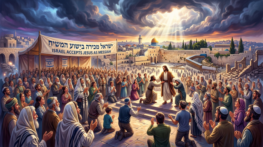Crowd gathered around Jesus in Jerusalem; banner reads ישראל מכירה בישוע המשיח and ISRAEL ACCEPTS JESUS AS MESSIAH.