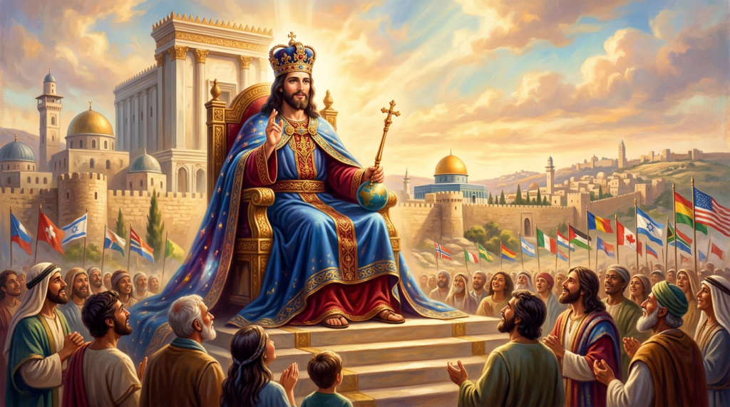Crowned ruler holding a cross and scepter before a diverse crowd