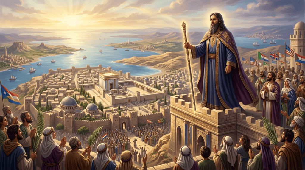 Bearded ruler holding a staff above a fortified city and gathered worshippers