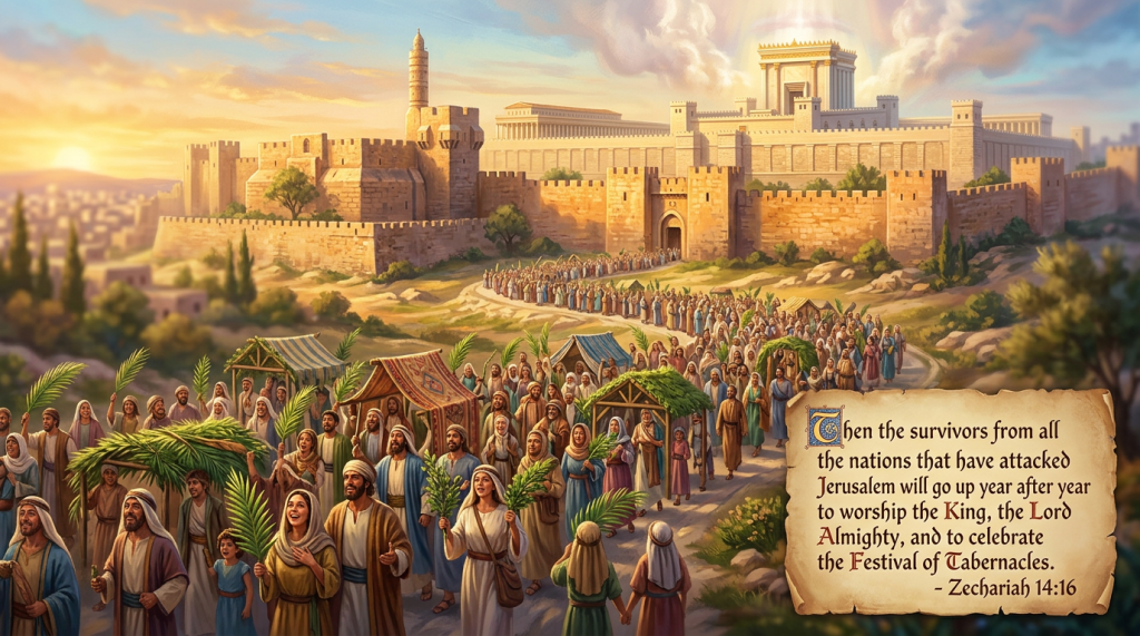 Crowd carrying palm branches before Jerusalem with text: Then the survivors from all the nations that have attacked Jerusalem will go up year after year to worship the King, the Lord Almighty, and to celebrate the Festival of Tabernacles. - Zechariah 14:16