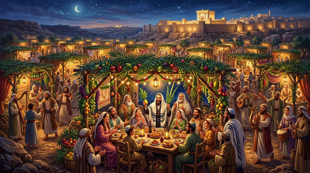 Families celebrating Sukkot with decorated booths, food, music, and lulav branches