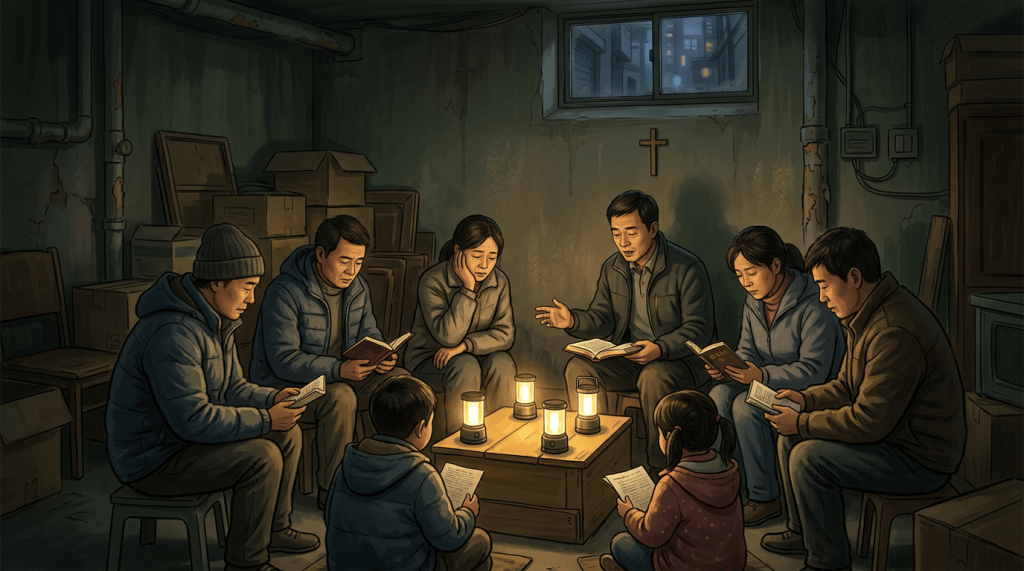 Group reading books together around lanterns in a basement
