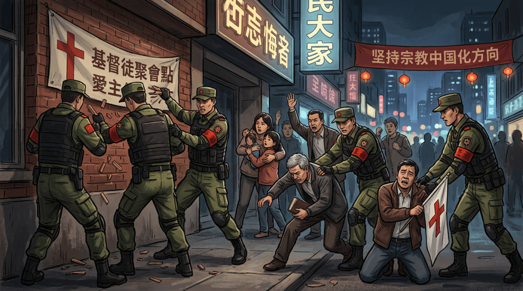 Soldiers restrain civilians outside a Christian gathering; signs read 基督徒聚會點 愛主 and 堅持宗教中國化方向.