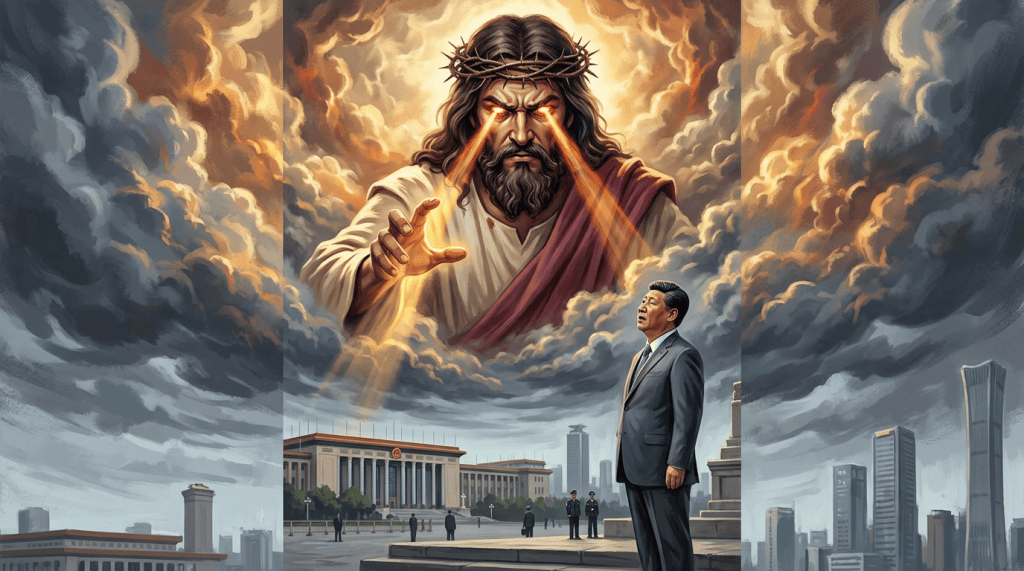 Suited man beneath a fiery crowned religious figure above a city plaza
