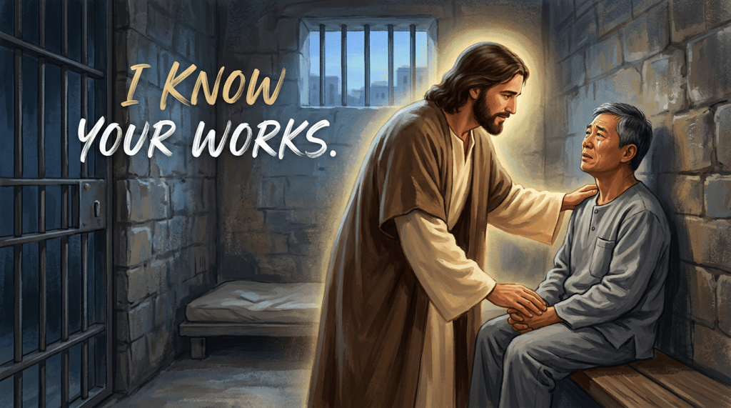 Text reading “I KNOW YOUR WORKS.” beside Jesus comforting a seated prisoner