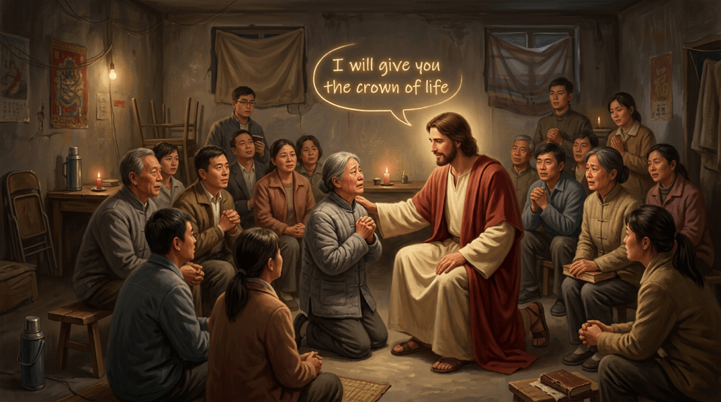Jesus teaches a gathered group; speech bubble reads, “I will give you the crown of life.”