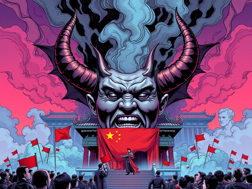 Crowd facing a horned demon monument draped in the Chinese flag