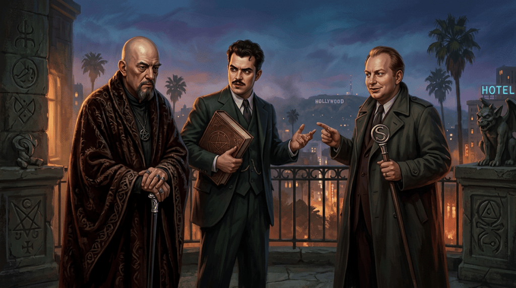Three men on a rooftop overlooking HOLLYWOOD, with HOTEL sign and occult symbols