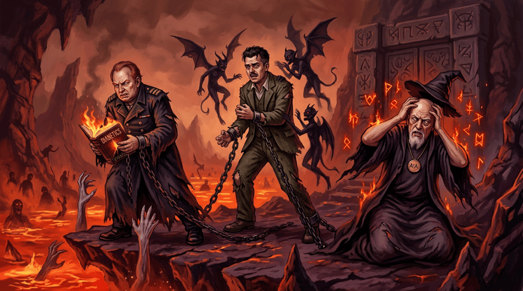 Three chained figures in lava, with a flaming DIANETICS book and occult runes