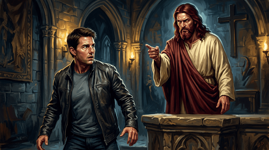 Modern man facing a bearded biblical figure inside a Gothic church