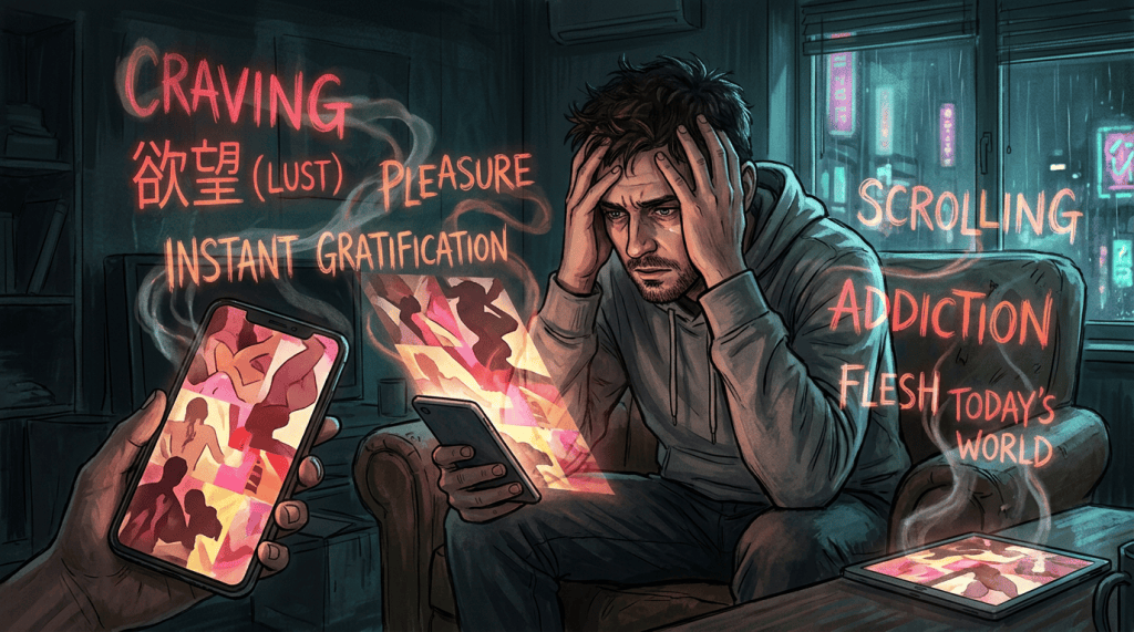 Man holding phone amid text: CRAVING, 欲望 (LUST), PLEASURE, INSTANT GRATIFICATION, SCROLLING, ADDICTION, FLESH, TODAY'S WORLD