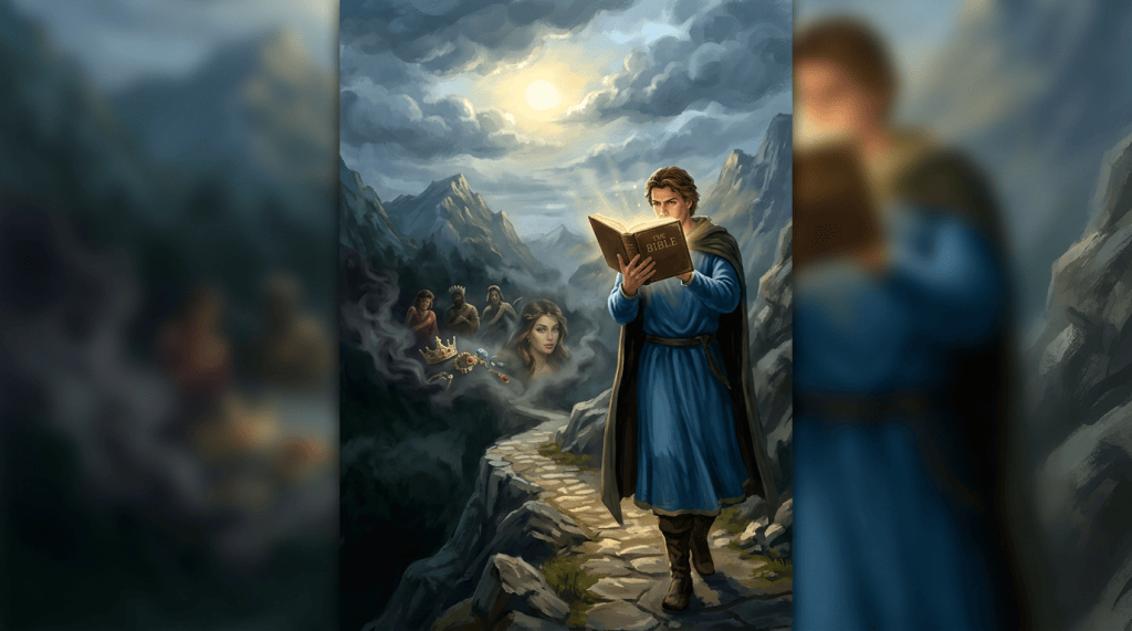 A robed man reads a book labeled "BIBLE" on a mountain path