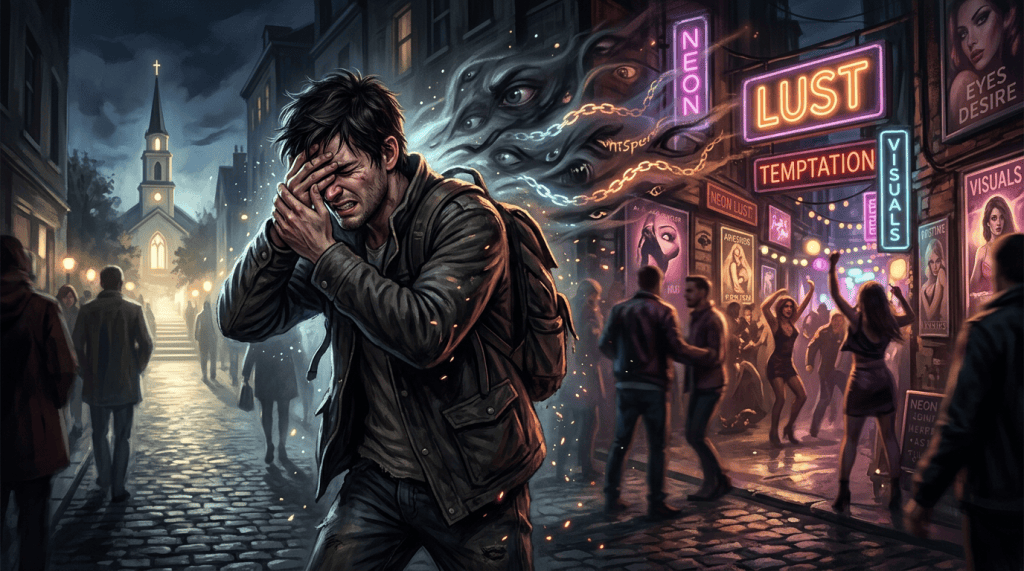 Distressed man between church and neon signs reading NEON LUST and TEMPTATION