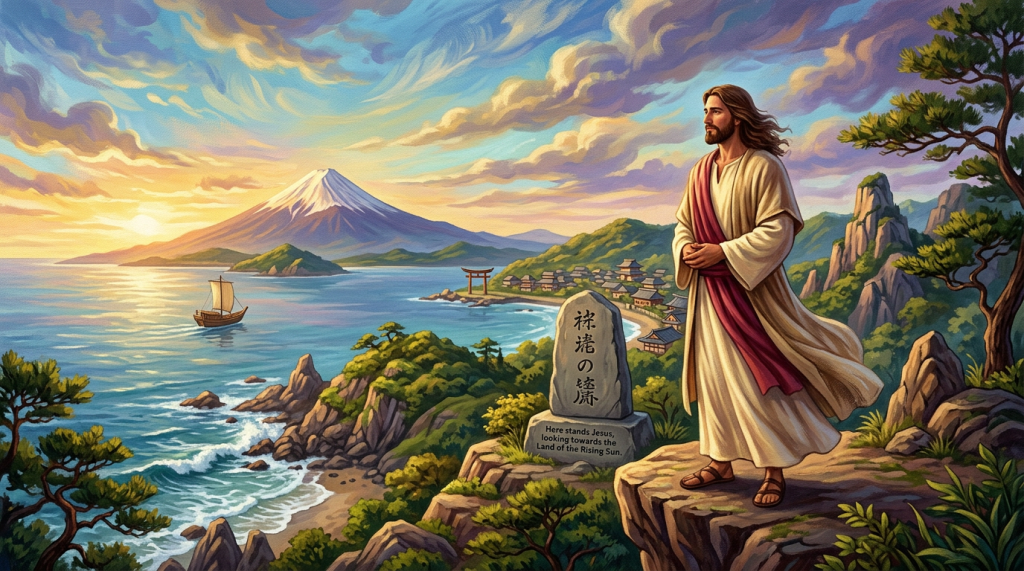 Jesus overlooking a Japanese coast; stone reads, “Here stands Jesus, looking towards the Land of the Rising Sun.”