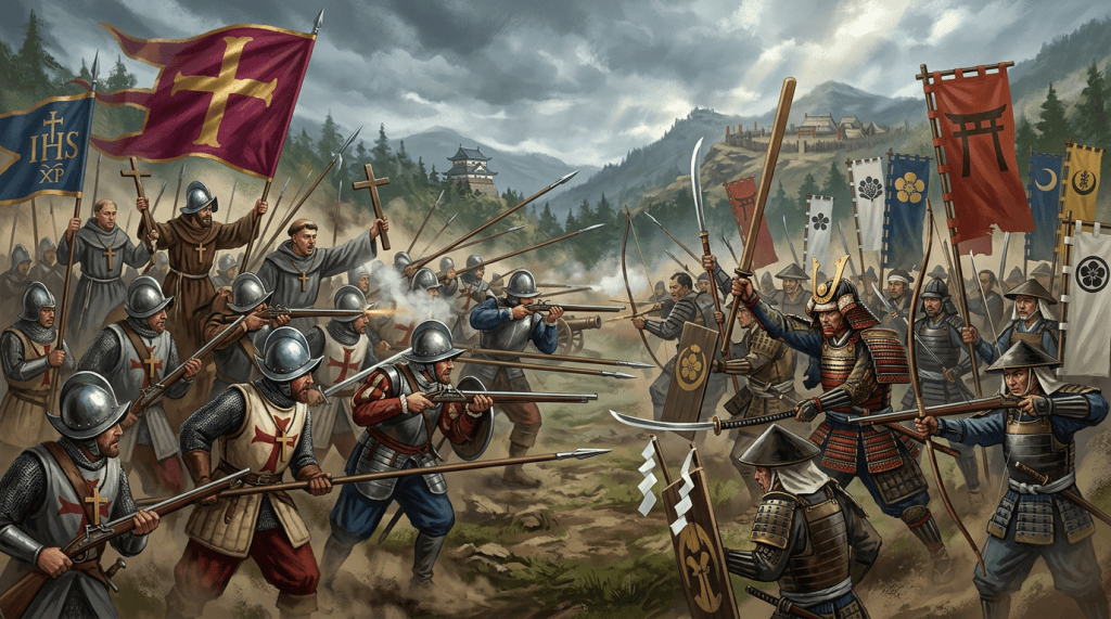 Crusaders and samurai confronting each other in a smoky mountain battlefield