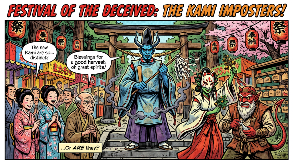 Festival of the Deceived: The Kami Imposters! Speech bubbles read, The new Kami are so... distinct!, Blessings for a good harvest, oh great spirits!, and ...Or ARE they?