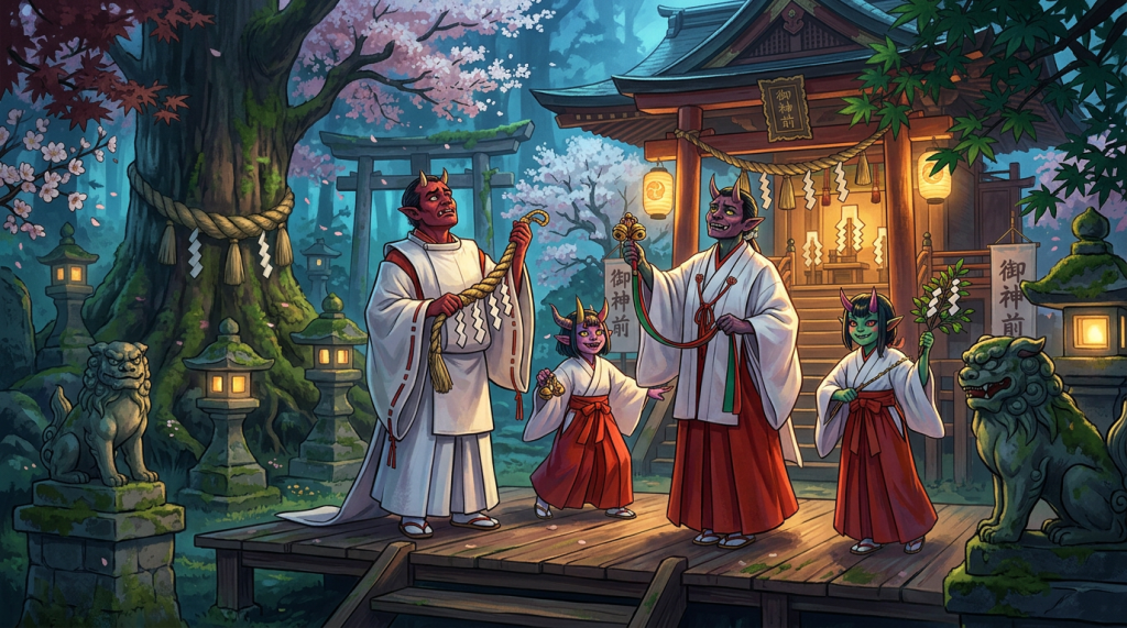 Four horned yokai perform a ceremony at a shrine marked 御神前