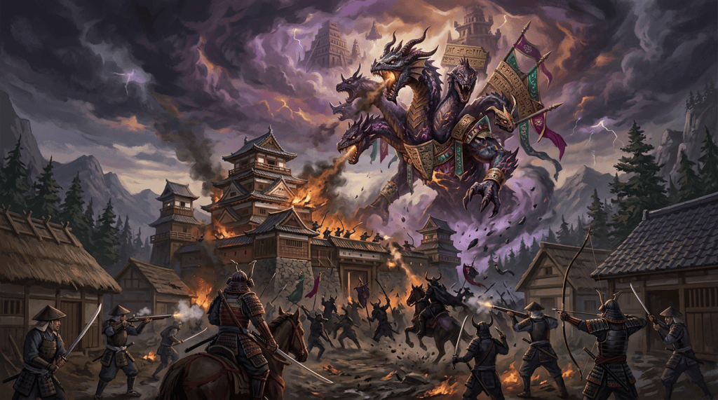 Multi-headed dragon attacking a burning Japanese castle during a samurai battle