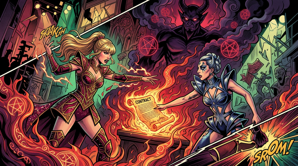 Comic scene with two sorceresses, horned demon, burning CONTRACT, SKAANGH and SRAOM!