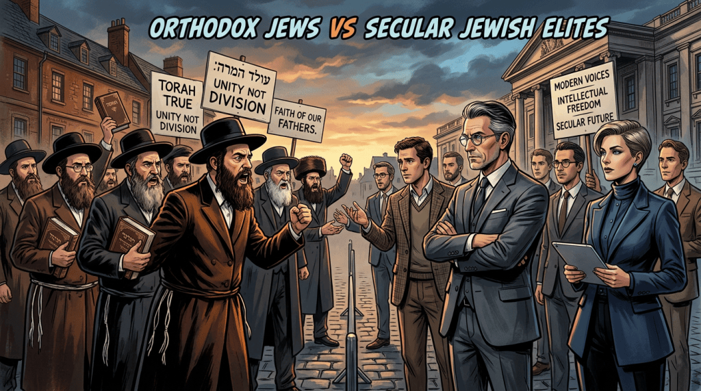 Text reads: ORTHODOX JEWS VS SECULAR JEWISH ELITES; TORAH TRUE UNITY NOT DIVISION; עולם התורה; UNITY NOT DIVISION; FAITH OF OUR FATHERS; MODERN VOICES INTELLECTUAL FREEDOM SECULAR FUTURE.