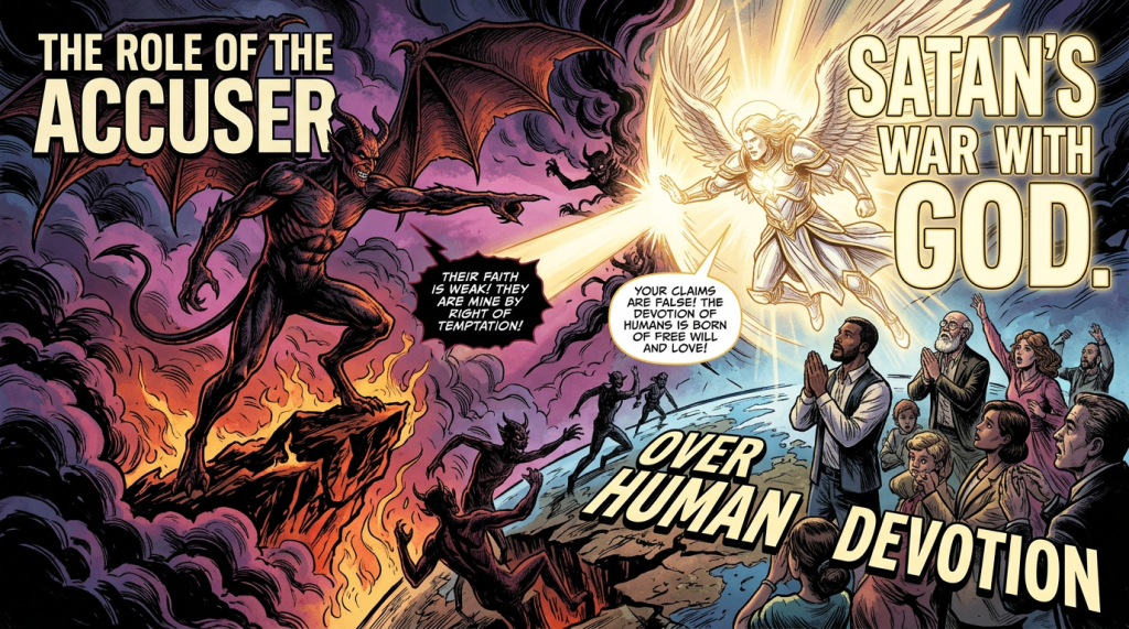 Comic illustration reading “THE ROLE OF THE ACCUSER,” “SATAN’S WAR WITH GOD,” and “OVER HUMAN DEVOTION,” with demons, an angel, and praying people.