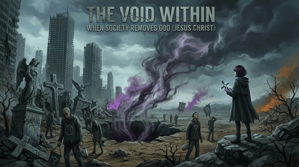 The Void Within: When Society Removes God (Jesus Christ), a ruined city and glowing cross