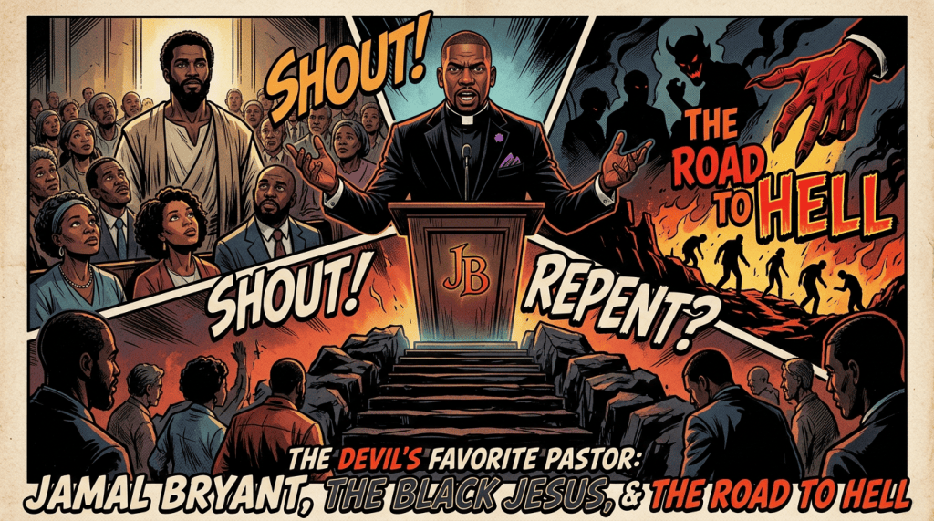 Comic poster reading “SHOUT!”, “REPENT?”, “THE ROAD TO HELL,” and “THE DEVIL’S FAVORITE PASTOR: JAMAL BRYANT, THE BLACK JESUS, & THE ROAD TO HELL,” featuring a preacher at a JB podium, congregation, demons, flames, and silhouetted figures.