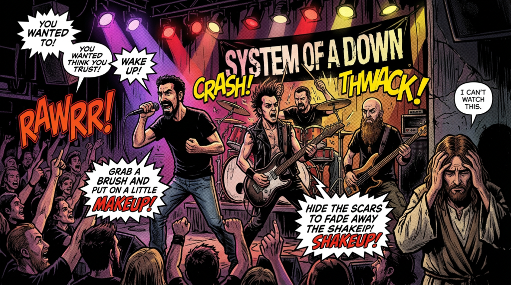 Comic concert scene with text: YOU WANTED TO! YOU WANTED THINK YOU TRUST! WAKE UP! SYSTEM OF A DOWN, CRASH!, THWACK!, RAWRR!, GRAB A BRUSH AND PUT ON A LITTLE MAKEUP!, HIDE THE SCARS TO FADE AWAY THE SHAKEUP!, SHAKEUP!, and I CAN'T WATCH THIS.