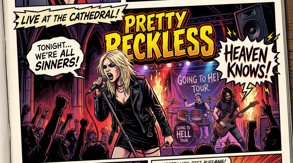 Concert poster reading “Live at the Cathedral,” “The Pretty Reckless,” and “Going to Hell Tour.”