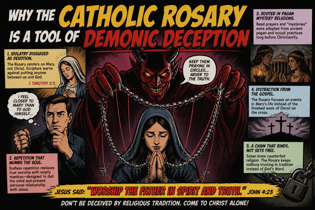 Poster titled "WHY THE CATHOLIC ROSARY IS A TOOL OF DEMONIC DECEPTION," with five points: "1. IDOLATRY DISGUISED AS DEVOTION" citing 1 Timothy 2:5; "2. REPETITION THAT NUMBS THE SOUL"; "3. ROOTED IN PAGAN MYSTERY RELIGIONS"; "4. DISTRACTION FROM THE GOSPEL"; and "5. A CHAIN THAT BINDS, NOT SETS FREE." A devil holds a rosary behind a praying woman. Text includes "JESUS SAID: WORSHIP THE FATHER IN SPIRIT AND TRUTH. JOHN 4:23" and "DON’T BE DECEIVED BY RELIGIOUS TRADITION. COME TO CHRIST ALONE!"