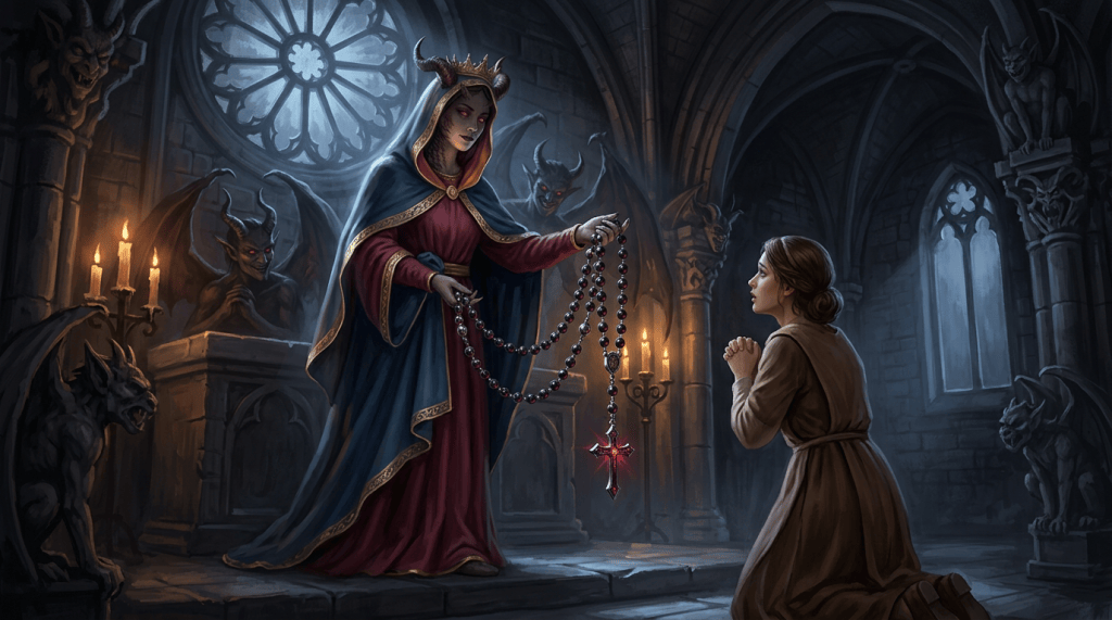 Horned sorceress offering a glowing rosary to a kneeling woman