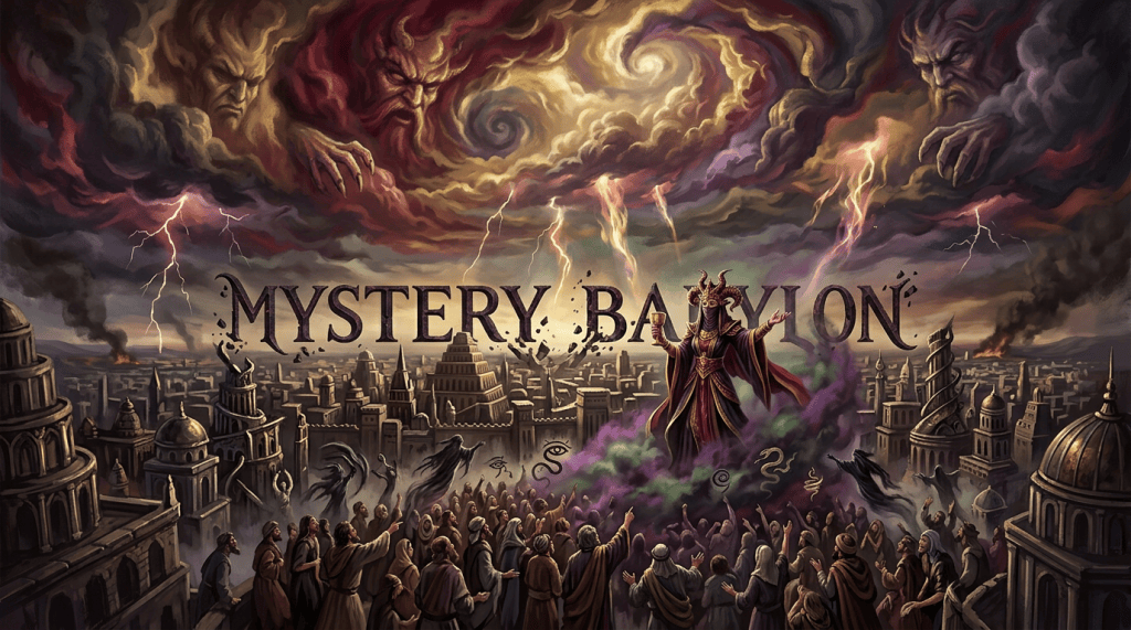 MYSTERY BABYLON over a city beneath demons, lightning, and a robed figure