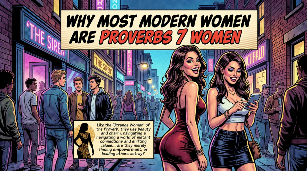 Comic panel titled “Why Most Modern Women Are Proverbs 7 Women” with two women downtown