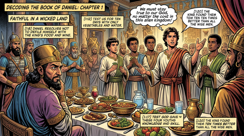 Comic panel text: DECODING THE BOOK OF DANIEL: CHAPTER 1; FAITHFUL IN A WICKED LAND; [1:8] DANIEL RESOLVES NOT TO DEFILE HIMSELF WITH THE KING’S FOOD AND WINE.; [1:12] TEST US FOR TEN DAYS WITH ONLY VEGETABLES AND WATER.; We must stay true to our God, no matter the cost in this alien kingdom!; [1:20] THE KING FOUND THEM TEN TIMES BETTER THAN ALL THE WISE MEN.; [1:17] TEST GOD GAVE THESE FOUR YOUTHS KNOWLEDGE AND SKILL.; [1:20] THE KING FOUND THEM TEN TIMES BETTER THAN ALL THE WISE MEN.