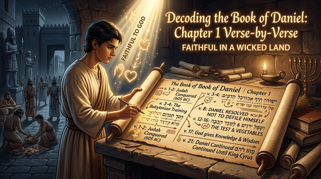 Illustration titled “Decoding the Book of Daniel: Chapter 1 Verse-by-Verse,” with subtitle “Faithful in a Wicked Land,” showing Daniel studying a marked scroll.